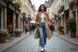 Jeune femme élégante dans une rue de Rennes avec maisons à colombages
