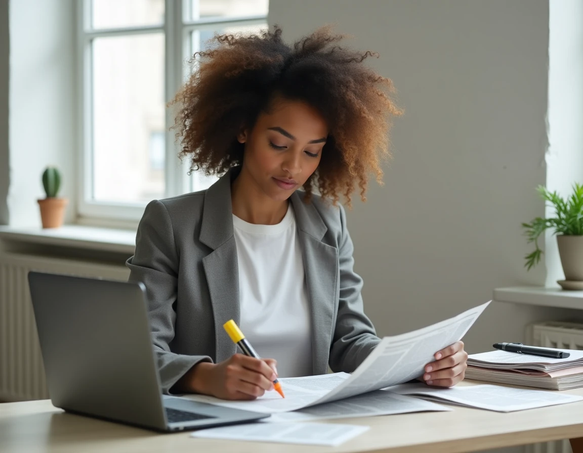 Jeune femme annotant un journal dans un bureau minimaliste, incarnant la lecture critique et la réflexion citoyenne