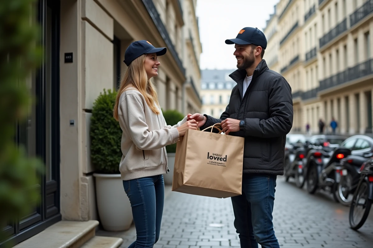 Coursier remettant un sac de vêtements en location à une femme devant un immeuble parisien dans le cadre de la mode durable