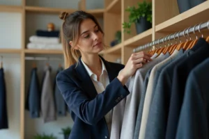 Femme qui examine un blazer dans une boutique de location de vêtements éco-responsable à l'esthétique scandinave