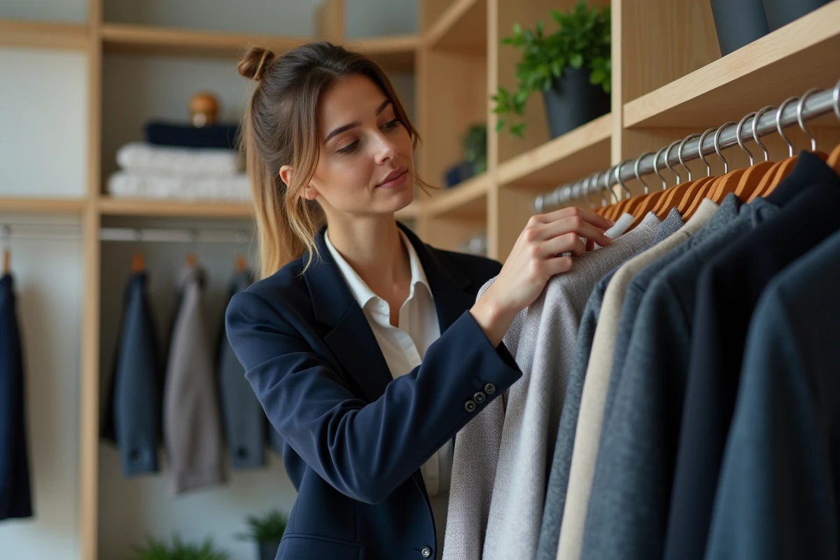 Femme qui examine un blazer dans une boutique de location de vêtements éco-responsable à l'esthétique scandinave