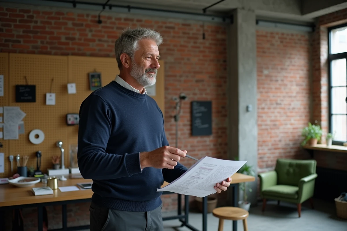 Homme debout à son bureau réglable dans un loft industriel aménagé en espace de travail créatif et ergonomique