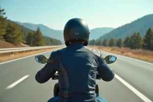Homme en blouson moto armé conduisant un maxi-scooter sur l'autoroute entouré de collines et de forêts de pins