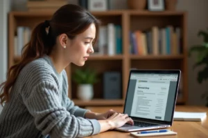 Mère consultant un sitemap sur son ordinateur portable dans un bureau à domicile pour trouver des ressources parentales