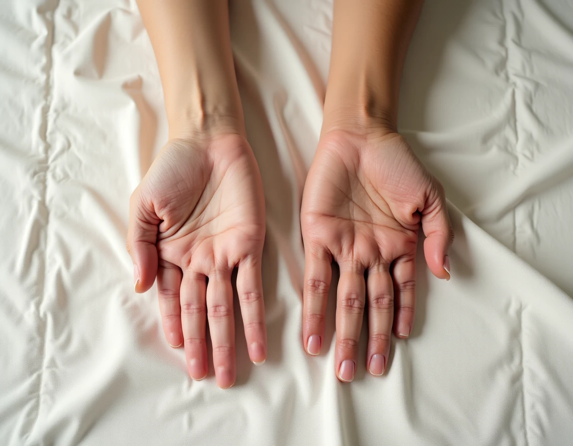 Vue de dessus de deux mains féminines et masculines côte à côte sur du lin, montrant chacune un ongle long au petit doigt illustrant une tradition partagée entre générations