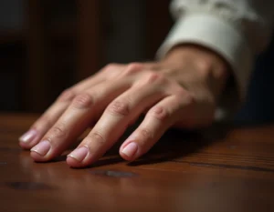 Gros plan sur une main masculine posée sur une table en bois sombre, mettant en valeur un ongle long au petit doigt, symbole culturel traditionnel