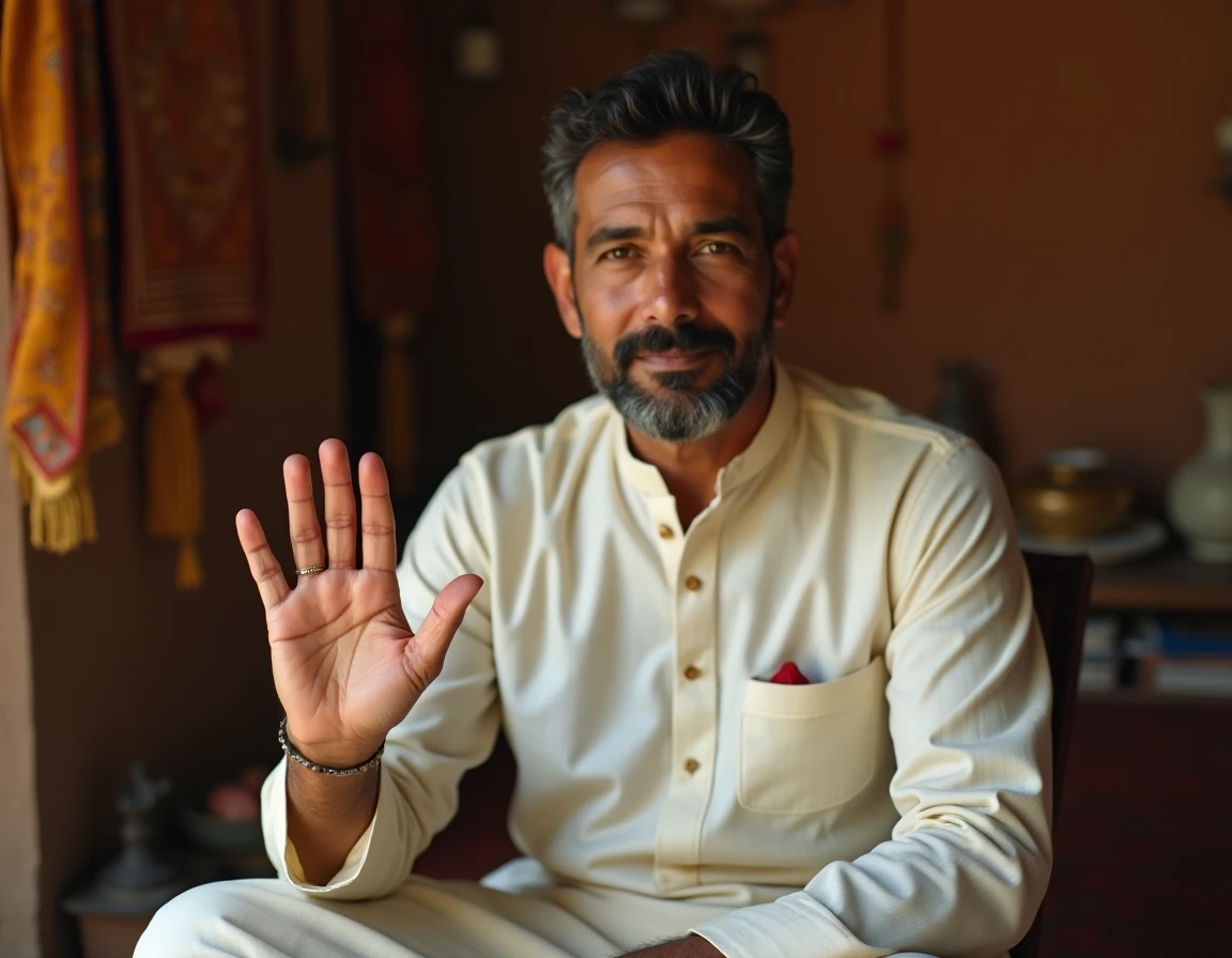 Portrait d'un homme d'Asie du Sud en tenue traditionnelle exhibant fièrement son ongle long au petit doigt, symbole de statut social et culturel