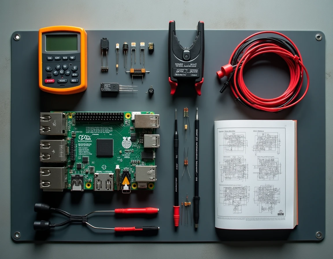 Vue de dessus d'un espace de travail électronique avec outils essentiels pour projets d'électronique amateur