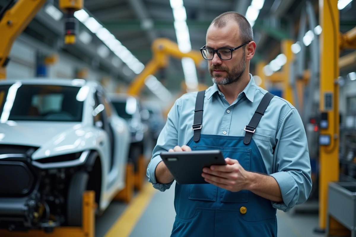 Employé en overalls contrôlant un robot sur la ligne de production