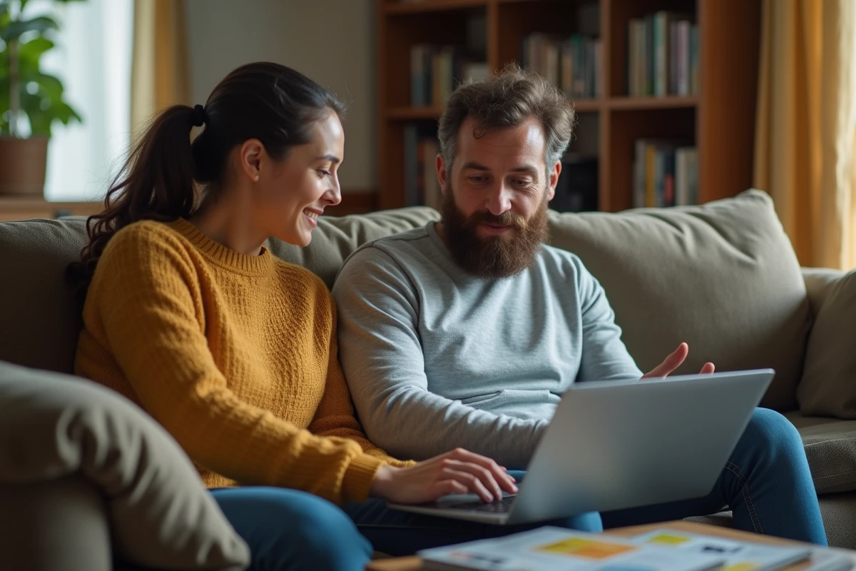 Deux parents consultant ensemble un sitemap sur ordinateur portable dans un salon pour trouver des ressources éducatives