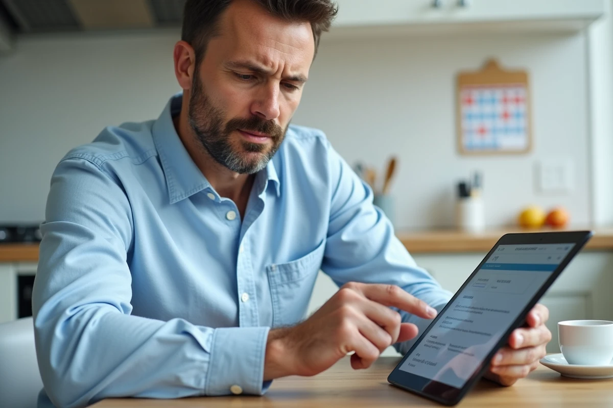 Père naviguant sur un sitemap via tablette dans une cuisine moderne pour accéder à des ressources de parentalité