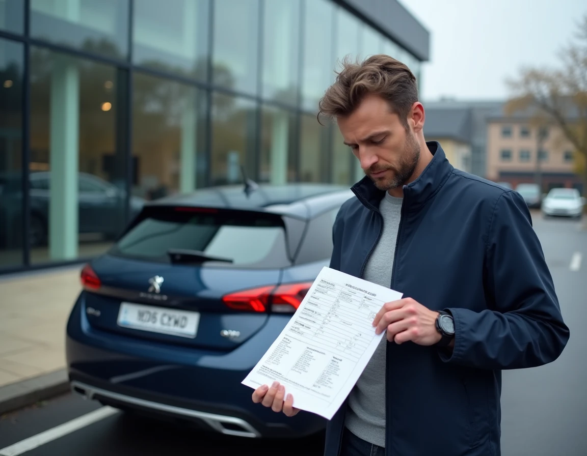 Journaliste automobile consultant la carte grise d'une Peugeot 308 pour vérifier les chevaux fiscaux déclarés