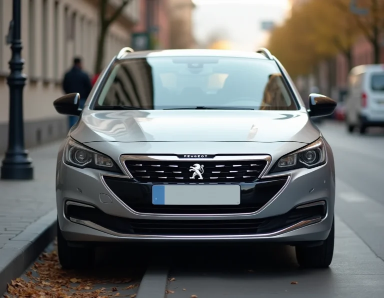 Peugeot 308 garée en ville sous un angle 3/4 avant, illustrant ses caractéristiques fiscales et motorisation
