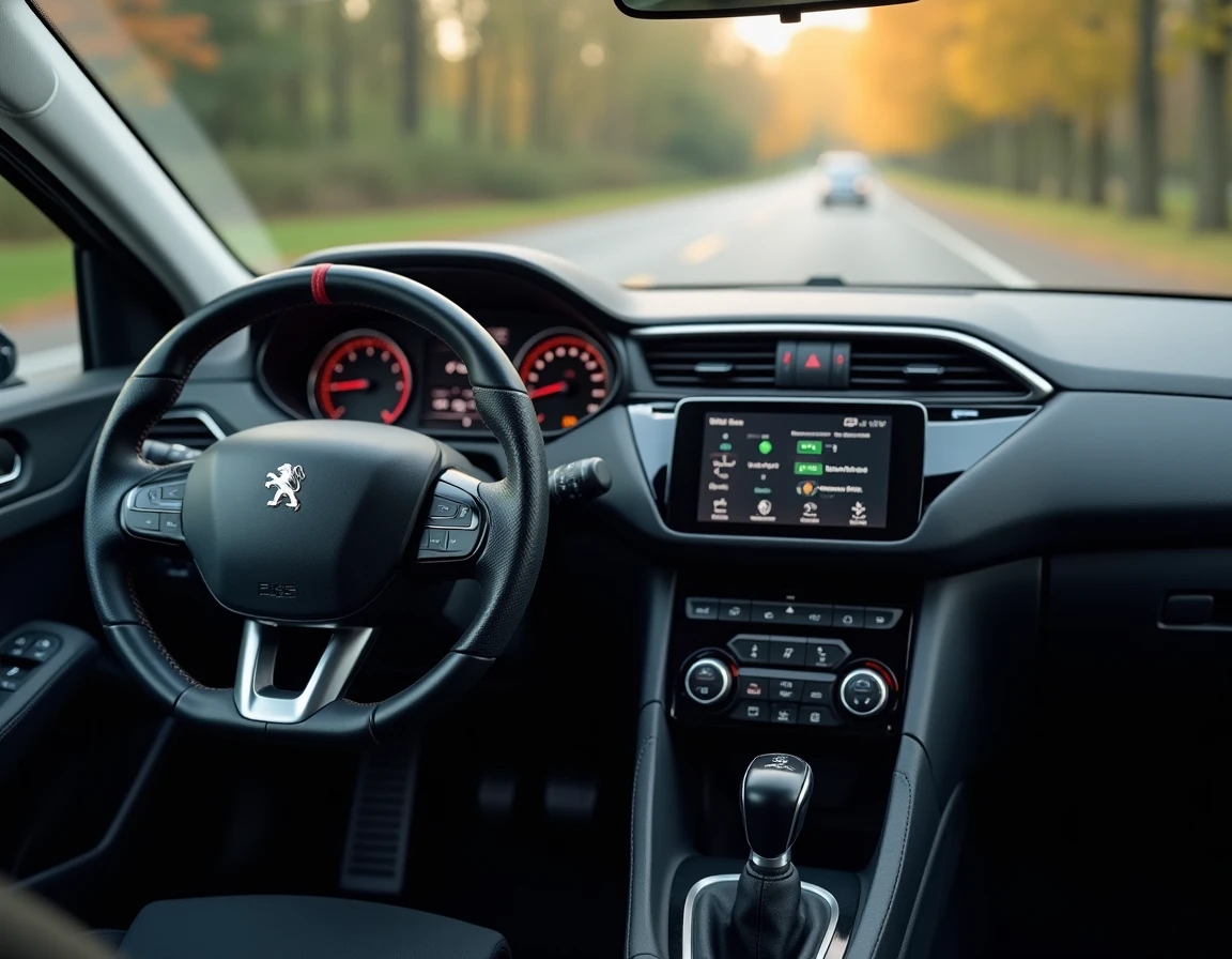 Tableau de bord de la Peugeot 308 avec compteur numérique et informations moteur liées aux chevaux fiscaux