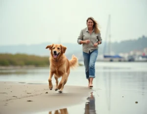 Femme et golden retriever se promenant sur une plage accessible aux chiens près de Vannes en Bretagne