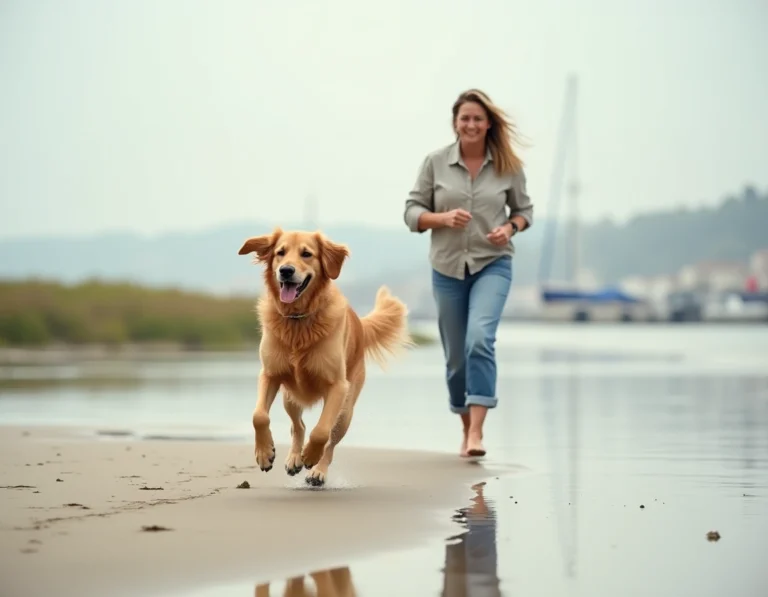 Femme et golden retriever se promenant sur une plage accessible aux chiens près de Vannes en Bretagne