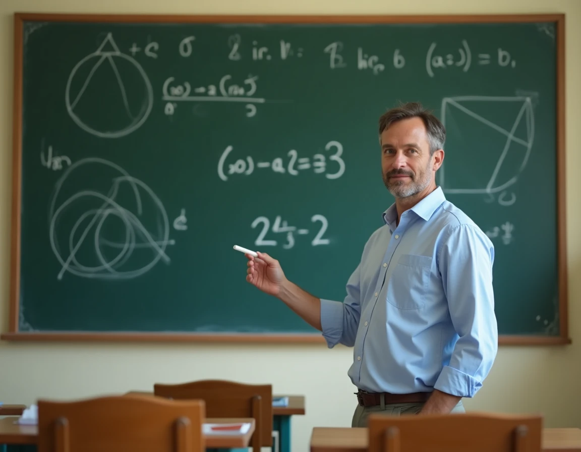 Professeur de mathématiques expliquant les formules trigonométriques cos a et sin b au tableau dans une salle de classe