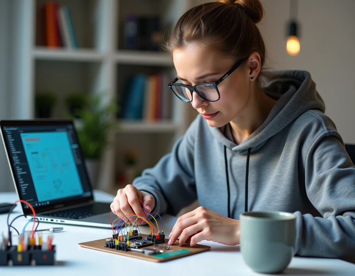 Femme assemblant un projet Arduino sur une planche d'essai avec des ressources et outils d'électronique