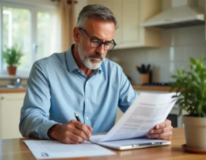 Propriétaire masculin examinant des documents de conformité maison à sa table de cuisine