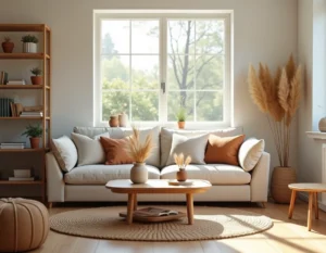 Salon minimaliste d'inspiration scandinave avec canapé en lin, table basse en bois et décoration en herbes de pampa séchées
