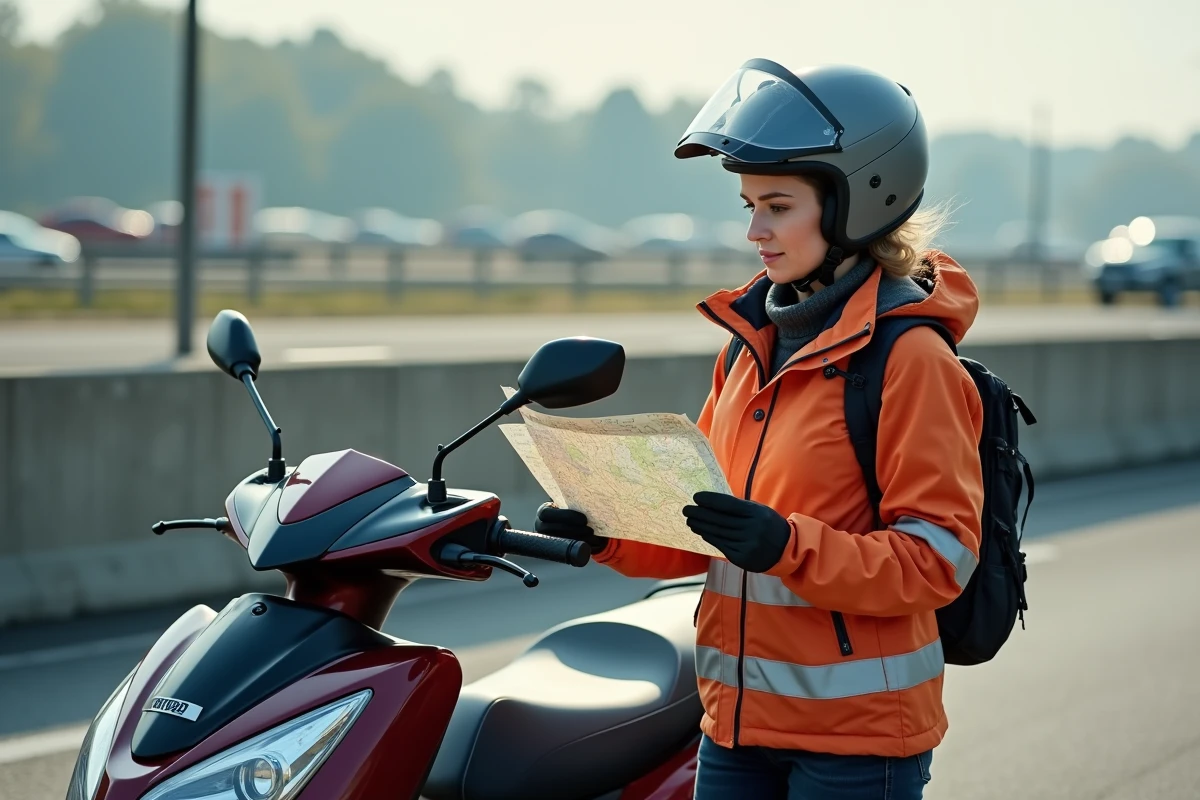 Femme motoriste consultant une carte routière près de son scooter de tourisme garé sur une aire d'autoroute