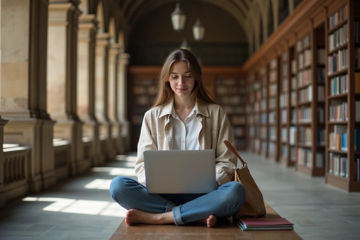 Une jeune enseignante stagiaire accède au webmail de l'académie de Versailles depuis son ordinateur portable dans une bibliothèque scolaire