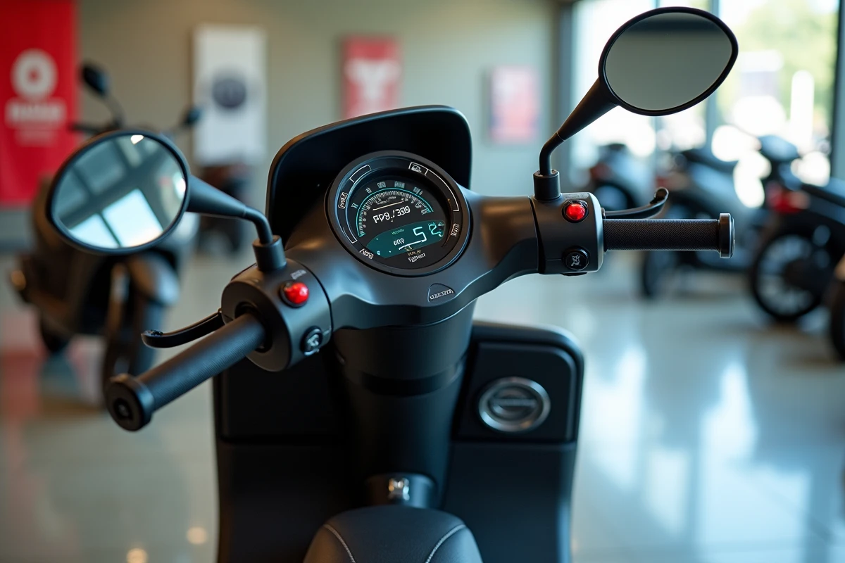 Gros plan sur le tableau de bord numérique et la selle confortable d'un maxi-scooter de tourisme en concession