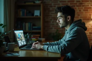 Jeune homme téléchargeant des films et séries sur son ordinateur portable dans un bureau à domicile