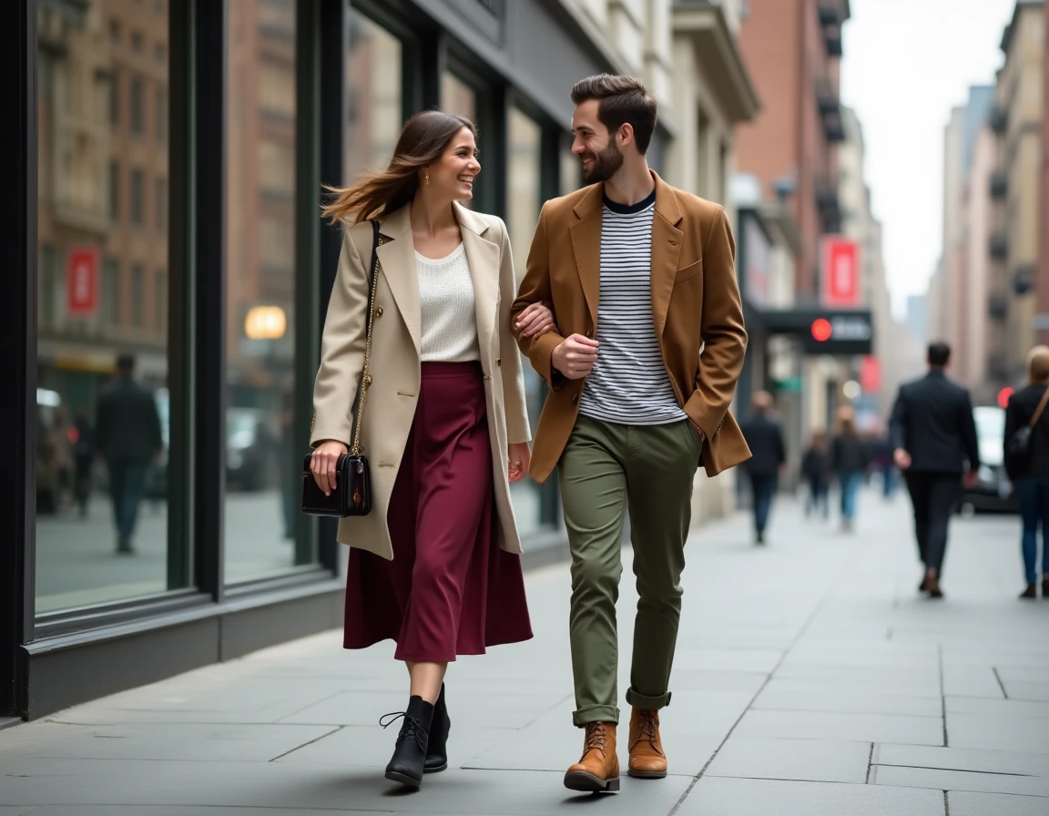 Deux amis stylés se promenant en ville dans des tenues tendance superposées, illustrant les looks mode de saison