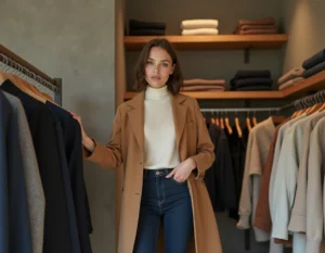 Femme élégante en manteau camel parcourant les tendances mode dans une boutique parisienne minimaliste