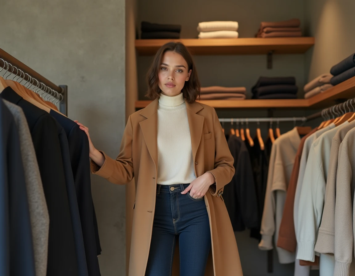 Femme élégante en manteau camel parcourant les tendances mode dans une boutique parisienne minimaliste