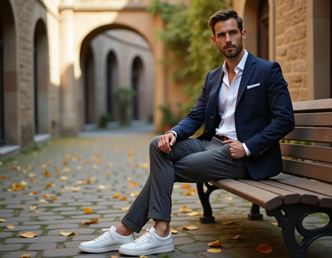 Homme stylé en blazer marine assis dans une cour urbaine pavée aux teintes automnales, illustrant les tendances mode masculines