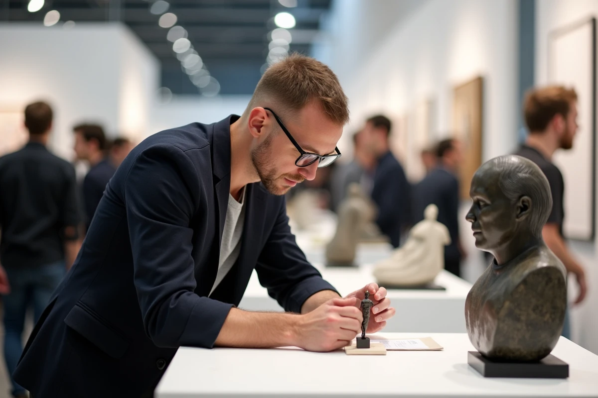 Visiteur examinant une sculpture contemporaine lors d'une foire d'art émergent